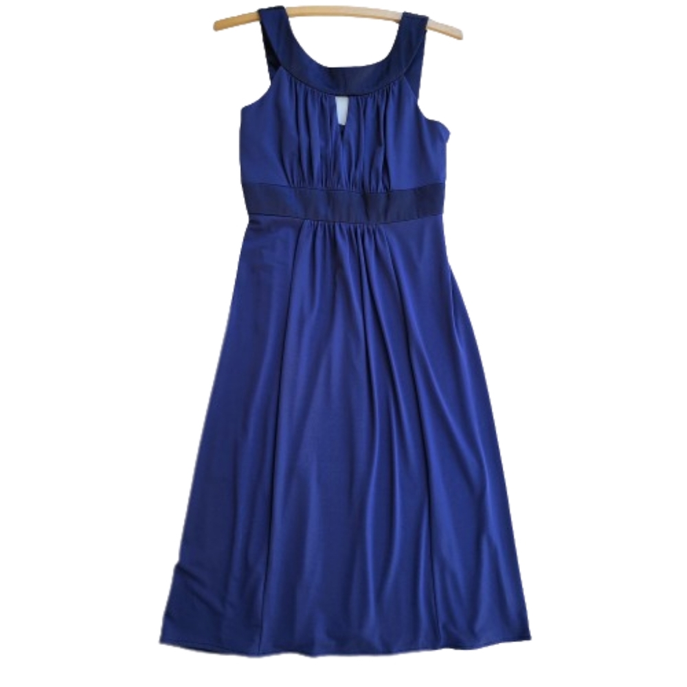 David's Bridal Pleated Navy Blue Keyhole Sleeveless Midi Formal Dress